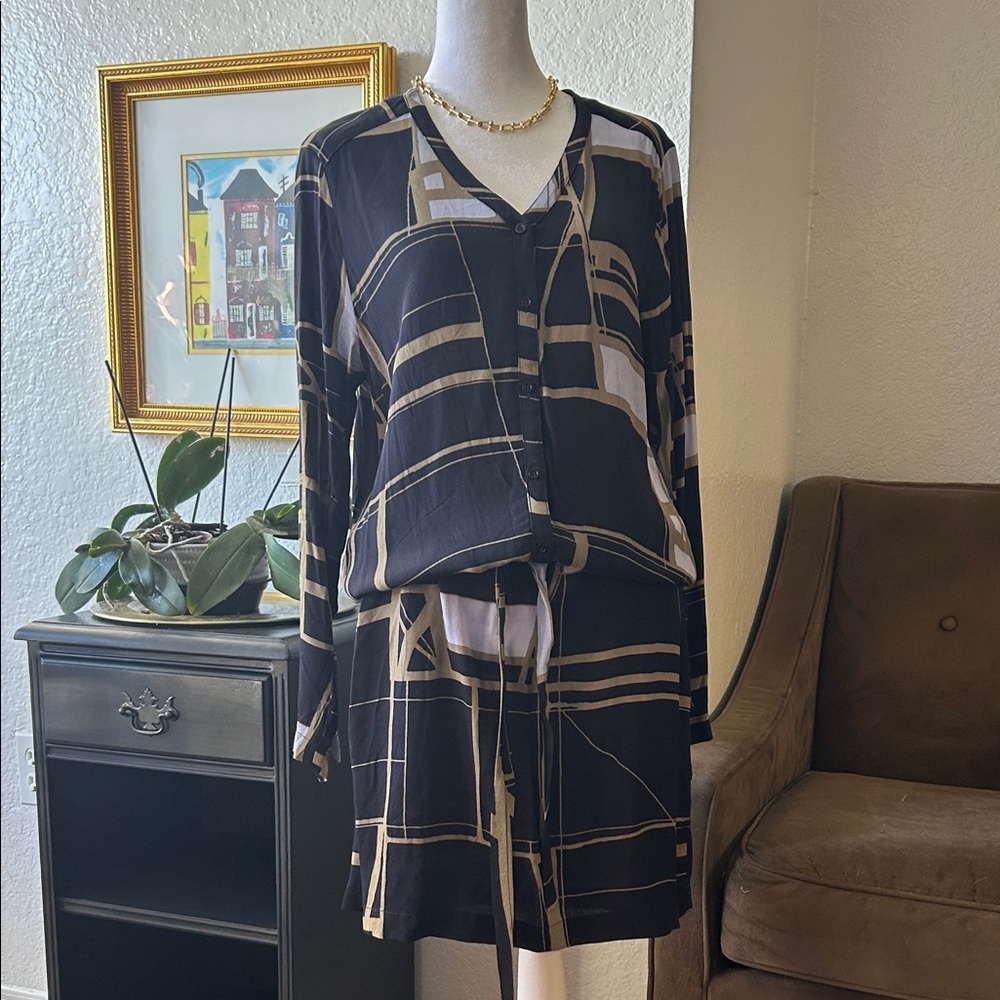 Coster Copenhagen Chic Black and Tan Geometric Dress -Sz 36